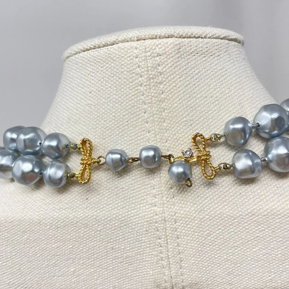 Vintage Marvella Double-Strand Gray Faux Pearl Necklace Gold-Tone‎ Bow Closure